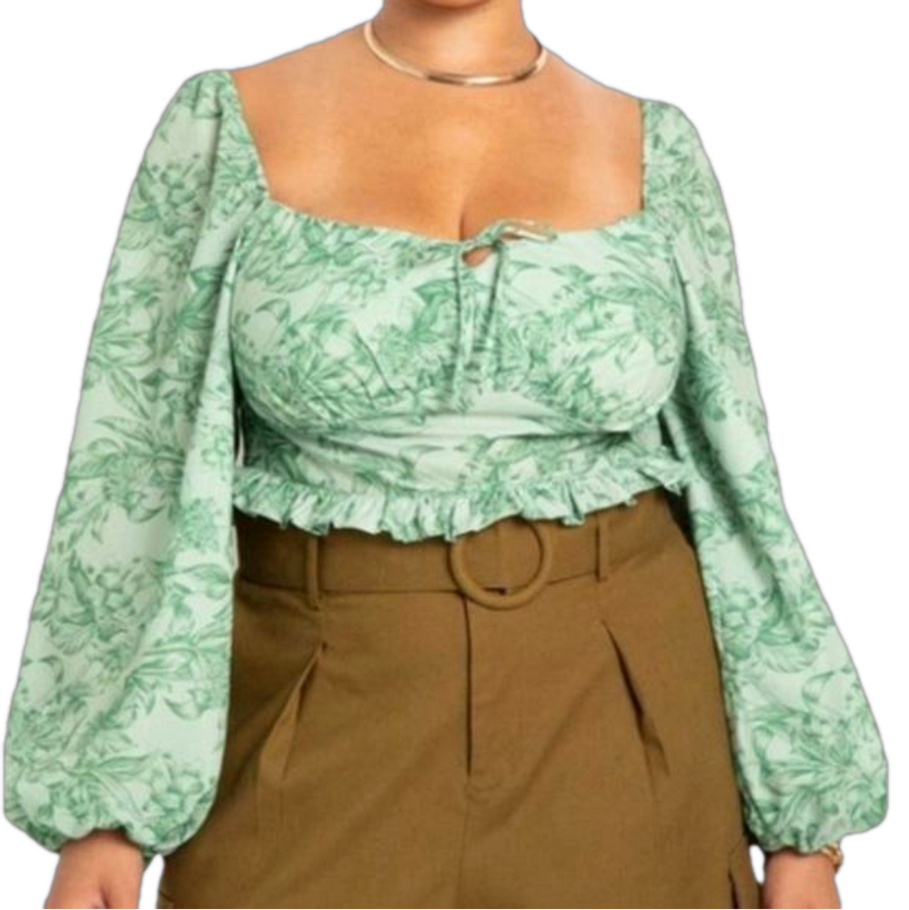 Eloquii Apple Green Puff Sleeve Smocked Back Cropped Blouse NWOT Size 20 SKU0060